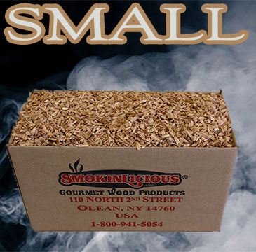 The small Piccolo® box tilted revealing the great amount of smoker chips included!  Please select one species and the size smoker wood chip. 